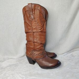 Cuadra Tall Brown Leather Western Boots Tooled Harness Zip Block Heel Womens 7.5